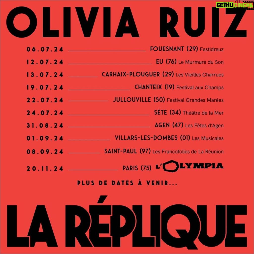 Olivia Ruiz Instagram - Quand je regarde cette liste de concerts à venir, je ne sais plus si je suis trooooop joyeuse, impatiente, flippée, excitée, en panique, au taquet, on fire…. Ou bel et bien tout ça à la fois… de savoir que nos retrouvailles approchent… 😅❤️‍🔥🥵🤗💗💝❤️‍🔥