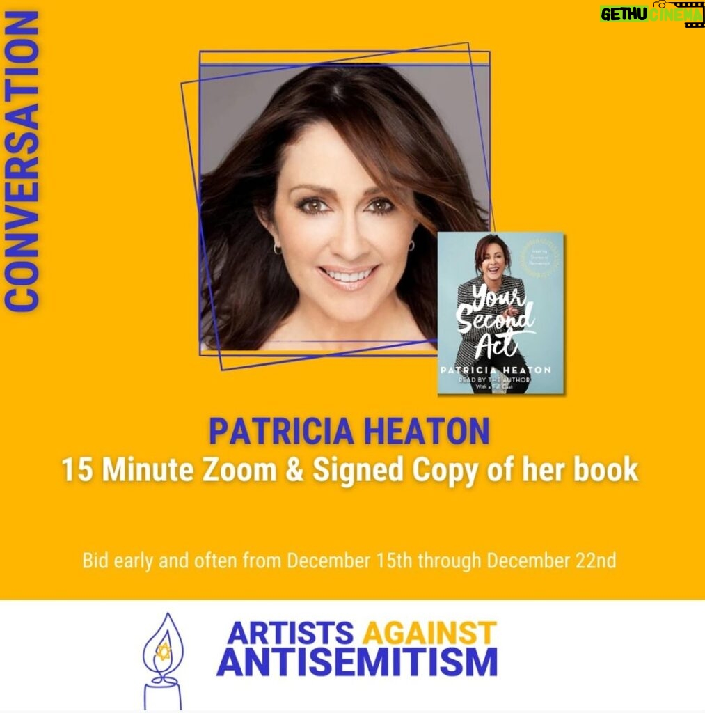 Patricia Heaton Instagram - Only two days left to bid!! Please help us spread the light and keep it going with our Inaugural @theartistsagainstantisemitism Virtual Auction! Auction ends tomorrow at 4pm EST for all these fantastic items, including a Zoom and signed copy of my book. Head up to the link in my bio to get started! #spreadthelight