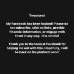 Patricia Heaton Instagram – My Facebook has been hacked! Please do not subscribe, click on links, provide financial information, or engage with them in any way.  It is not me! 

Thank you to the team at Facebook for helping me out with this. Hopefully, I will be back on the platform soon!