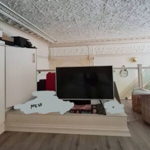 PewDiePie Instagram - I built a mf closet gamers.. 😤😤😤 Sometimes you just gotta real life Minecraft, ya know?
We have this akward space in front of our bed that goes up from the floor. It kind of blocks away space and ends up piling up mess. 
So, decided to extend the closet from the wall out over and also build the TV into it. Marzia had the great idea to put a bookshelf on the end. On the backside of it, there's sliding doors with shelves for storage inside.
Shoutout to my neighbour for letting me borrow his garage and tools 👍and mertz for helping me paint it and also my dad for giving advise. Never built anything this big in wood before, but was really fun and turned out not too shabby. 🙉