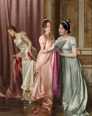 Rebecca Flint Instagram - PAINTING TRANSFORMATION 🖌️ How did we do?⁣
⁣
‘An Illicit Letter’ by Vittorio Reggianini was painted in the late 1800s. Reggianini’s mastery of silks and satins has made his work highly desirable, with this particular piece selling for £89,000 at Bonhams in 2012 at auction.⁣
⁣
Myself and my best friend @adelicate_ decided to pay homage to this beautiful painting. We both sewed our own dresses, and I combined our photos virtually to complete the final result! What do you think?