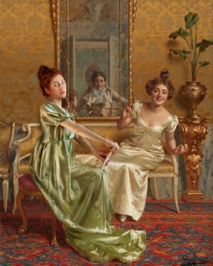 Rebecca Flint Instagram - 👗 Parlour Scene with Two Ladies, by Vittorio Reggianini (1858 - 1938) 👗⁣
⁣
Although not contemporary of the Regency era, Vittorio Reggianini - an Italian painter, and master of painting silks and satins - perfectly captures the imagination with the grand opulence of eras bygone.⁣
⁣
My painting recreation was created with @photoshop, wearing a dress I had sewn myself 🪡⁣
⁣
Can you spot the difference? 🤩