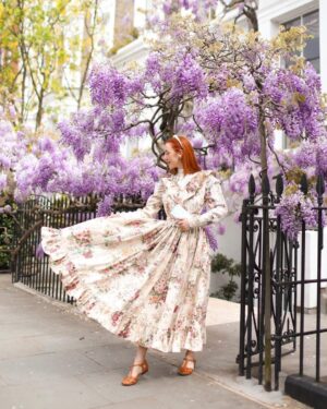 Rebecca Flint Instagram - There’s no greater thrill than wearing clothes you have sewn yourself 👗💃⁣
⁣
A few weeks ago I decided to finally make use of an old pair of vintage floral curtains 🏡⁣
⁣
Heavily inspired by 70s Prairie dresses, in particular, vintage Laura Ashley, this dress features a standing collar, lace detailed yoke with frill, leg-of-mutton sleeves with lace panels and pearl buttons, and a mighty skirt which holds more than 5 metres of length 😱⁣
⁣
There’s still things I would try and improve on if I could sew it all over again, but I’m focussing on enjoying the fruits of my labour and the peace I had when sewing it 🧘‍♀️⁣
⁣
If you sew too - tell me - do you always have the fear that for some reason it’s all going to fall apart as soon as you leave the house and be left bare? Tell me I am not alone! 🫢⁣
⁣
Thank you to @hellomissjordan for a gorgeous day out, and for helping take these photos 🌸