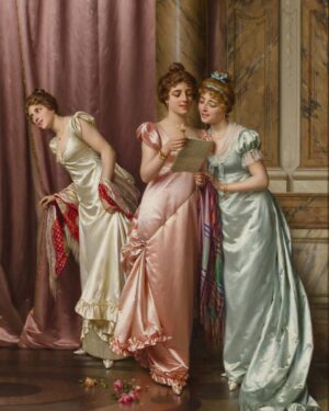 Rebecca Flint Instagram - PAINTING TRANSFORMATION 🖌️ How did we do?⁣
⁣
‘An Illicit Letter’ by Vittorio Reggianini was painted in the late 1800s. Reggianini’s mastery of silks and satins has made his work highly desirable, with this particular piece selling for £89,000 at Bonhams in 2012 at auction.⁣
⁣
Myself and my best friend @adelicate_ decided to pay homage to this beautiful painting. We both sewed our own dresses, and I combined our photos virtually to complete the final result! What do you think?
