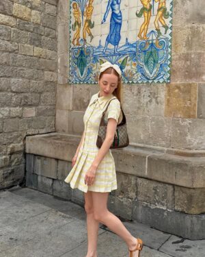 Rebecca Flint Instagram - this yellow drop waist vintage dress is an all time favourite - a lucky find vintage shopping from Tokyo this summer ☀️ if the weather is gorgeous I would wear it every day!