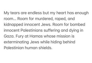 Regina Spektor Instagram - I will not be indifferent to the suffering of Jews and Palestinians… I will keep hope and peace within myself and send love towards you… Am Yisrael Chai 🤍🩵💙