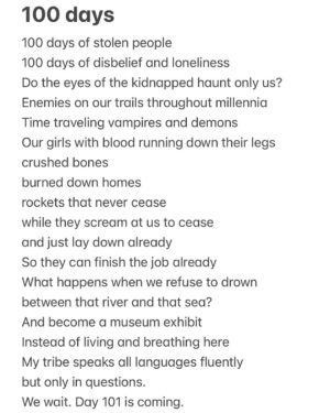 Regina Spektor Instagram - Day 100. A small poem sent your way from this aching heart. Images are from my visit to the Jewish Heritage Museum earlier this month. Horrific memories kept for us, because those humans who lived them are long dead. Our heritage is much more than just massacres and pogroms, but the ratio sucks. There’s a lot. And people keep angling for more. No more. We want to be here. Around 15 million in a world of over 8 billion. Not too much space to ask for… We want this war over. No more innocent lives lost. Not Palestinians, not Israelis, not ANYONE! If you also want this war over- then say it with me- to anyone who will listen and anywhere your voice can reach: Hamas- return all the hostages and surrender. Bring them all home. Terrorists spend their energy terrorizing, but this world was built for LOVE. Enough ❤️‍🩹 Am Yisrael Chai 💙🕯️