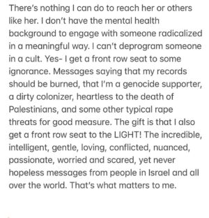 Regina Spektor Instagram - Filled with thoughts, filled with feelings, crying daily, pushing myself to see what’s out there, praying for the hostages to be returned, praying for civilians to stay alive, staying strong yet not bitter, loving more and more and more. That’s where I’m at 🤍🩵💙💪🇮🇱. Am Yisrael Chai 🙌