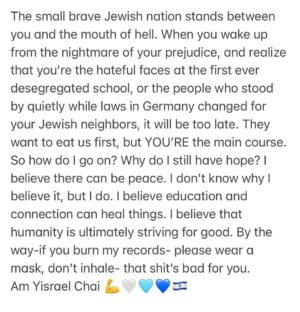 Regina Spektor Instagram - Filled with thoughts, filled with feelings, crying daily, pushing myself to see what’s out there, praying for the hostages to be returned, praying for civilians to stay alive, staying strong yet not bitter, loving more and more and more. That’s where I’m at 🤍🩵💙💪🇮🇱. Am Yisrael Chai 🙌