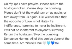 Regina Spektor Instagram - I will not be indifferent to the suffering of Jews and Palestinians… I will keep hope and peace within myself and send love towards you… Am Yisrael Chai 🤍🩵💙