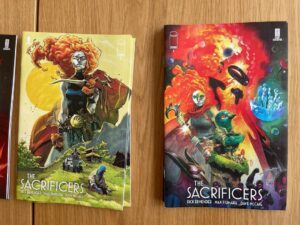 Rick Remender Instagram - After years of work, it’s really exciting to finally have copies of THE SACRIFICER #1 in hand and about to be in the world. August 2nd you can check out the sort of story that can only be told in comic books: widescreen, imaginative, heartfelt, science-fiction fantasy, made free of any constraints, 100% true to the team’s intention, and owned by the people who created it. @maxfiumara @dave.mccaig @ruswooton @erikaschnatz with covers by some of the best artists in the world: @nic__klein @jhwilliamsiii @juliantotinotedesco @jgjonesart @matteoscalera @jennyfrisonart @artofmm @tulalotay @imagecomics @giantgenerator