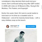 Robert Gant Instagram – Thanks for the nice write up, @queerty! I’ll keep doing the occasional archival dig to unearth a throwback every once in a while. 🙂🏳️‍🌈

https://www.queerty.com/queer-folk-hottie-robert-gants-shirtless-throwbacks-making-us-re-binge-original-series-20230202 Liberty Avenue