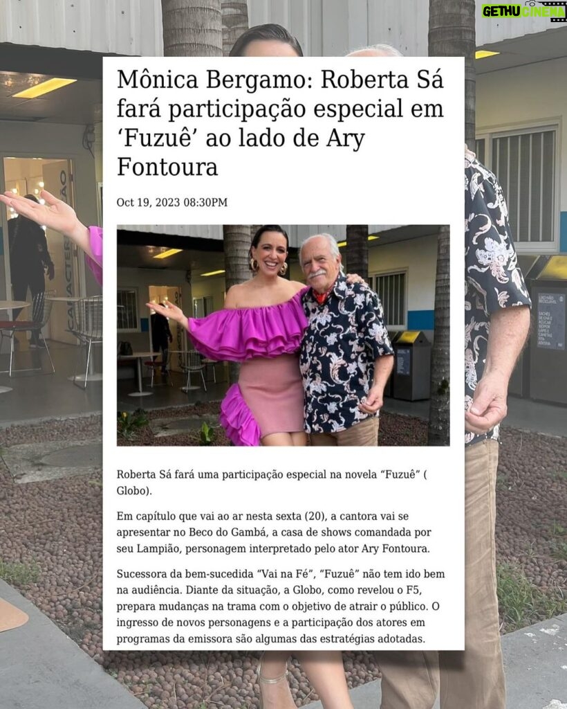 Roberta Sá Instagram - Uma foto com o gigante @aryfontoura (honra máxima!) pra balançar seu feed e anunciar uma novidade, dada em primeiríssima mão pela coluna da @monica_bergamo: nesta sexta, dia 20, vai ao ar minha participação em Fuzuê ❤️ Podem espalhar a notícia - quero ver todo mundo ligado na Globo na hora da novela das 19h! 📸 @miriamroia Beleza: @rikmotta + @apaulinhacunha Estúdios Globo