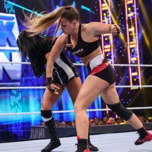 Ronda Jean Rousey Instagram - Thank you @therealkurtangle for for everything you’ve taught me 🙏🏼 hope I did you proud out there last night

Felt great getting back in the ring again and for the first time on #smackdown, feeling better every time I get back out there. Thank you for the warm up @sonyadevillewwe😈 
And @charlottewwe, get some ice and advil bitch, cause we got a show to steal at #wrestlemania38