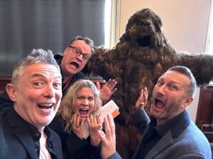 Russell T Davies Instagram - Joel Collins, me, Jane Tranter, Phil Collinson attacked by a Yeti! An original costume from 1968 (the Yeti, not Phil) ♥️♥️➕👹