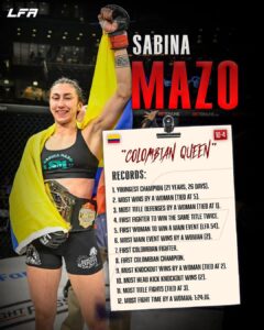 Sabina Mazo Instagram - @SabinaMazo breaks records every time she steps inside the LFA Octagon. 🔥 Here are a dozen records set by the LFA Women's Flyweight Champion. 🇨🇴 👑