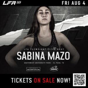 Sabina Mazo Instagram - 3 weeks for my title fight! 
Building and sharpening Sabina mazo the new LFA flyweight champion. 🏆🙏🏼❤️‍🔥

Faltan 3 semanas para mi pelea por cinturón. Estoy puliendo los últimos detalles para salir como la nueva campeona de LFA del peso mosca. 😁🏆 este próximo 4 de agosto.
