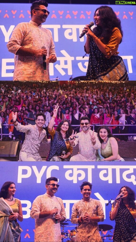Sachin Sanghvi Instagram - When song meets lyrics 😍 this is a beautiful song and look at the vibe 😀 #DheemeDheeme song promotional visit at #PYCNavratri2023 was absolutely magical 🫶🏼😍 #Navratri