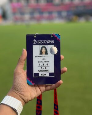 Sahana Sarvesh Instagram - Super happy to collaborate with @icc @meta as one of the 50 creators from India. SO stunned to witness the amount of work and discipline that goes behind every match. 
What an unforgettable experience! 😍
Thank you @anderson.samuel.r @metaindia for the opportunity ♥️💃🏽

#cwc2023 #cwc23 #metasuper50