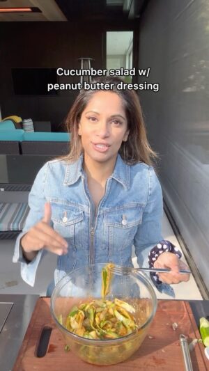 Sangita Patel Instagram - Back at it🥰
Another AWESOME salad - Cucumber salad w/ peanut butter dressing say what?! 🥒 

Am I enjoying this…oh ya! 
Definitely try this as a side dish with your protein. 
Love finding healthy options that invigorates your taste buds 🥰

Thanks @littlefatboyfrankie for the idea! 
Enjoyed every bite! 

#CookinWSangi #cucumbersalad #ChilliCrisp #salad