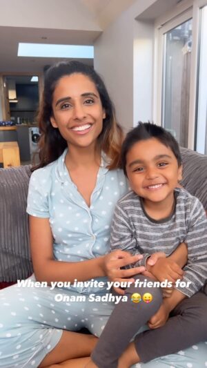 Saras Menon Instagram - Even if a friend group can’t agree on plans , they’ll always say yes ( the romancham way) for sadhya 🥳

Shout out to all our lovely friends who graciously agreed to be a part of our reel life 😛
#perksofbeingamallu #foodisthewaytomyheart  #onam