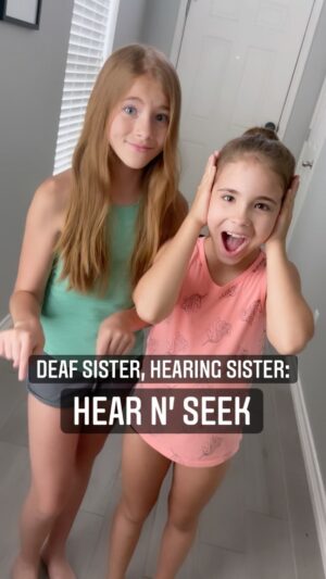 Shaylee Mansfield Instagram - What does playing hide n’ seek look like for us? When we were younger, @ivymansfield would win every single hide n’ seek challenge. It was not until I realized that she heard every single sound I was making while hiding- the doors slamming, me running around, and of course, when I giggled. That was when I had to use my brain to think of clever solutions to outsmart her hearing advantage. This video shows how I did that with my annoyingly hearing sister! 😉😂 

#deaf #signlanguage #americansignlanguage #hidenseek #brainpower #sistergoals