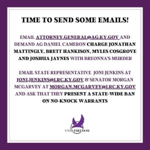 Sia Instagram - What are you doing to show up for #BreonnaTaylor? 
How are you showing up for #BreonnaTaylor?? It’s been 100 DAYS and still no justice! 
TODAY in solidarity with the @untilfreedom rally for Breonna Taylor in Kentucky we 
DEMAND that @DanieljayCameron charge and arrest Jonathan Mattingly, Brett 
Hankison, Myles Cosgrove and Joshua Jaynes.
We also demand that state representatives Joni Jenkins and senator Morgan McGarvey 
present a statewide ban on No-Knock Warrants.
Share this!! Make and post your own videos and email these people relentlessly. 
Sending love and gratitude for everyone who refuses to be silent until there is 
#JusticeForBreonnaTaylor #SayHerName