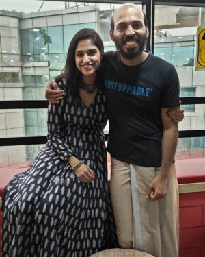 Siri Ravikumar Instagram - Mirchi, always a special place. My first love, my home ❤️ Thank you forever and always! @mirchi_kannada ! 
 .
Wearing this beautiful dress by @yubikastudio pretty jewelry  styled by @saritha.reddy19 ❤️