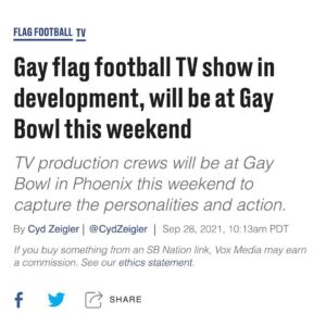 Spencer Paysinger Instagram - Been developing this one for almost 2 years. Huge thank you to the @ngffl for trusting @welcometomoorest  @game1llc and @greenleafprod to capture the 2021 Gay Bowl and beyond.

Hella excited for y’all to see F(L)AGS. 

(Link in Story)