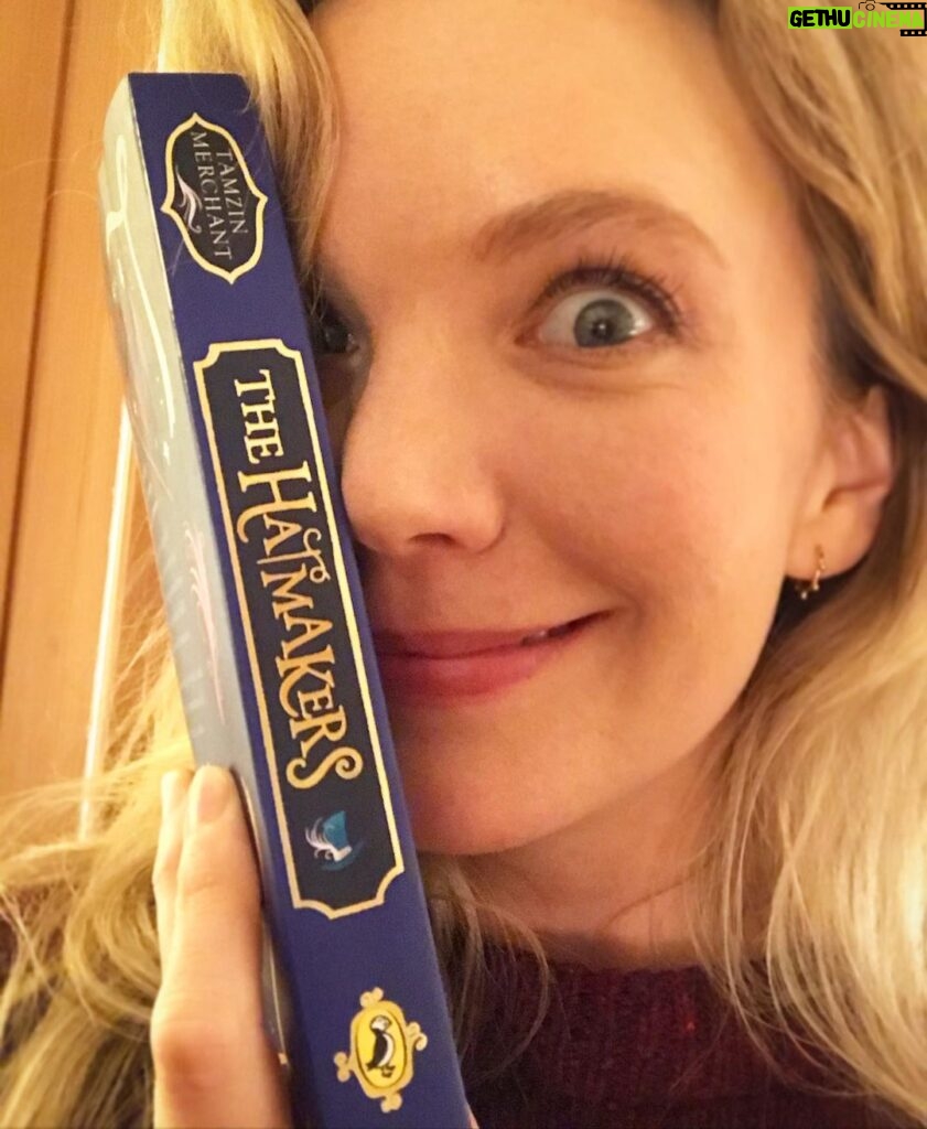 Tamzin Merchant Instagram - Here’s a thing that is a thing! The Hatmakers is a book now! Please excuse my very excited photo but I just wanted to let you know that my book is a book with covers AND pages! My name is on the spine of a book! The Puffin has his OWN LITTLE FRAME TO BE IN.
