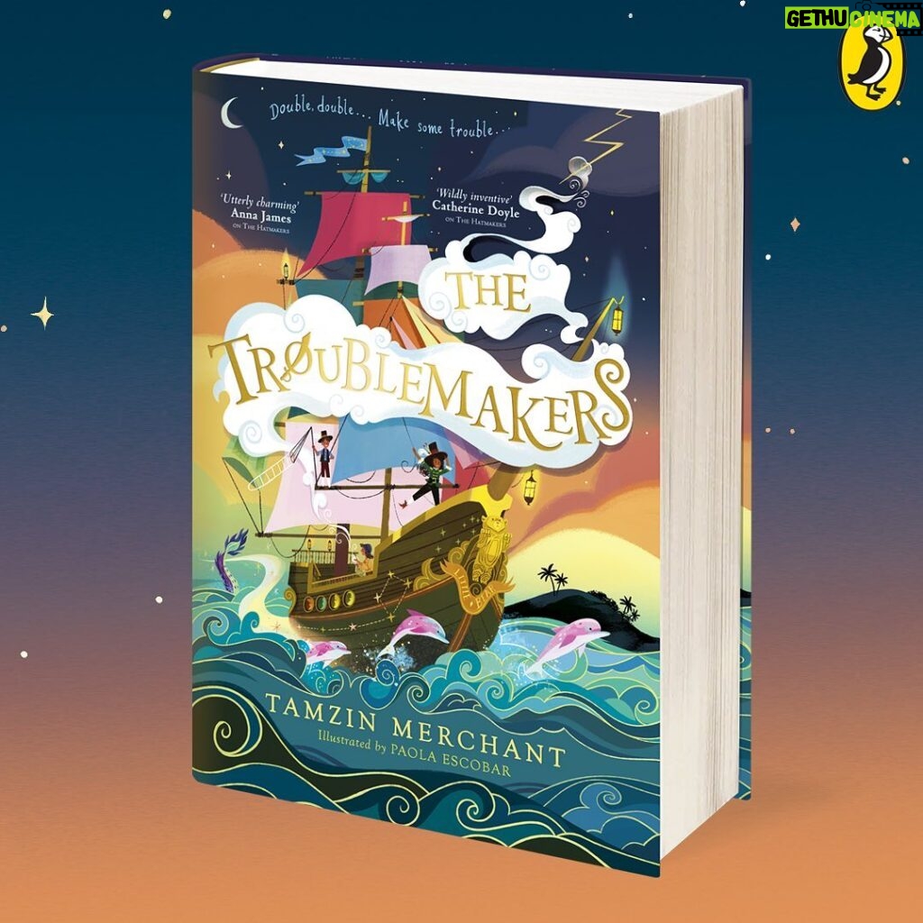 Tamzin Merchant Instagram - I am SO excited that #TheTroublemakers marauds into bookshops in January, when Cordelia Hatmaker and her friends set sail on their third adventure ✨🥳🏴‍☠ I can’t wait to share all the wild piracy and magic with you - and the first thing to share is this beautiful cover by the brilliant @paoesco8ar ✨🏴‍☠ I absolutely love it, she has yet again smashed it out of the park! 😍 You can preorder The Troublemakers from Waterstones from today - link in bio ✨🤩