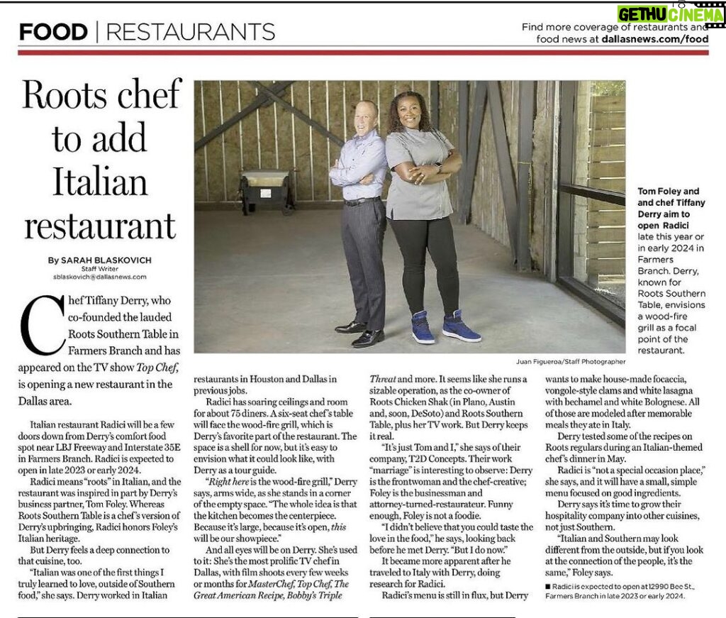 Tiffany Derry Instagram - Thank you @dallasnews and @sarahblaskovich for capturing the “root of what we building so beautifully!! The most prolific tv Chef in Dallas always feel like pressure but I’m used it. I’m so ready to share Radici with everyone and I know it will be one of your favorite restaurants. I love the fact you can visit both @rootssouthtable and Radici in one night by taking a few steps!! Mustang Station