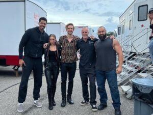 Timothy V. Murphy Instagram - My gang are tougher than yours…another one in the can “Guns Up” @maxrosinski @solomonyounghughes @riccigrams @kevinjamesofficial @loueyfromthehood @madflavors_world @tobemiro  @edwardjohndrake @thecjperry @glowpunk @theshirleytempleking …sorry for for cutting our heads off in the second photo,Max @millenniummedia  @gingerjoelle @pacificsun #melissaleo ☘️☘️☘️