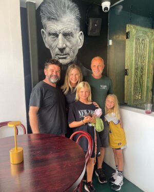 Timothy V. Murphy Instagram - The blue eyed family beneath the blue eyed writer...with one of my best friends @kevinpkearns ...a fine actor,bar owner and all round great person...his bar @auldfellala in Santa Monica has its official opening this Sunday...we did The Weir and The Lonesome West together,we were also in @soafx but at different times...he's Sean's Godfather and I couldn't wish for a better friend...best of luck with this new venture,Kev....this amazing mural of Samuel Beckett is by the uber talented @never1959 ,another super talented artist and all round great person☘️☘️☘️🥃🥃🥃🇺🇸🇮🇪🍺🍺🍺 @caitlinamanley