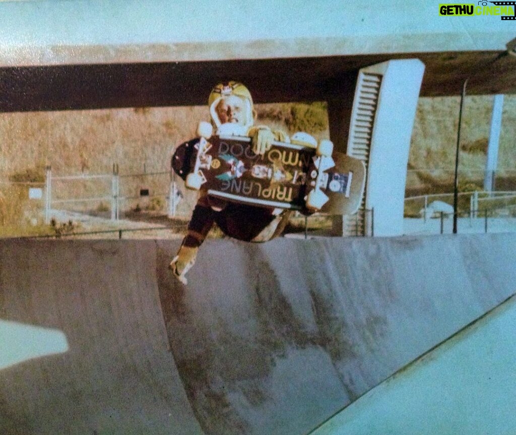 Tony Hawk Instagram - Frontside air, Oasis halfpipe. 1980: Dogtown Triplane, [@mikesmithsliberty’s old] Indy’s, Blood Wheels & gardening gloves. Fun / frightful fact: Oasis was directly under the freeway overpass that leads 805 south to 8 east. People used to throw bottles at us as they drove by, leaving glass shards in the bottom of the bowls. Wheels and kneepads were no match for for such sharp slivers. The park closed not long after this photo was taken. Mission Valley East, San Diego