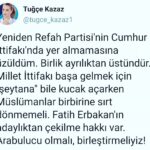 Tuğçe Kazaz Instagram – I regret that the New Welfare Party (Yeniden Refah Partisi) is not part of the People’s Alliance. Unity is better than division. Muslims should not turn away from each other while the National Alliance is even embracing the “devil” to come to power. Fatih Erbakan has the right to withdraw as a candidate. We must mediate and unite them!

Je regrette que le Nouveau Parti du Bien-être (Yeniden Refah Partisi) ne fasse pas partie de l’Alliance des Peuples. L’unité vaut mieux que la division. Les musulmans ne devraient pas se détourner les uns des autres alors que l’Alliance nationale embrasse même le “diable” pour arriver au pouvoir. Fatih Erbakan a le droit de retirer sa candidature. Nous devons servir de médiateur et les unir !

#yenidenrefahpartisi #fatiherbakan #lenouveaupartiduenetre #thenewwelfareparty #cumhurittifakı #Milletİttifakı #birlik #dayanışma #Türkiye #Turkey