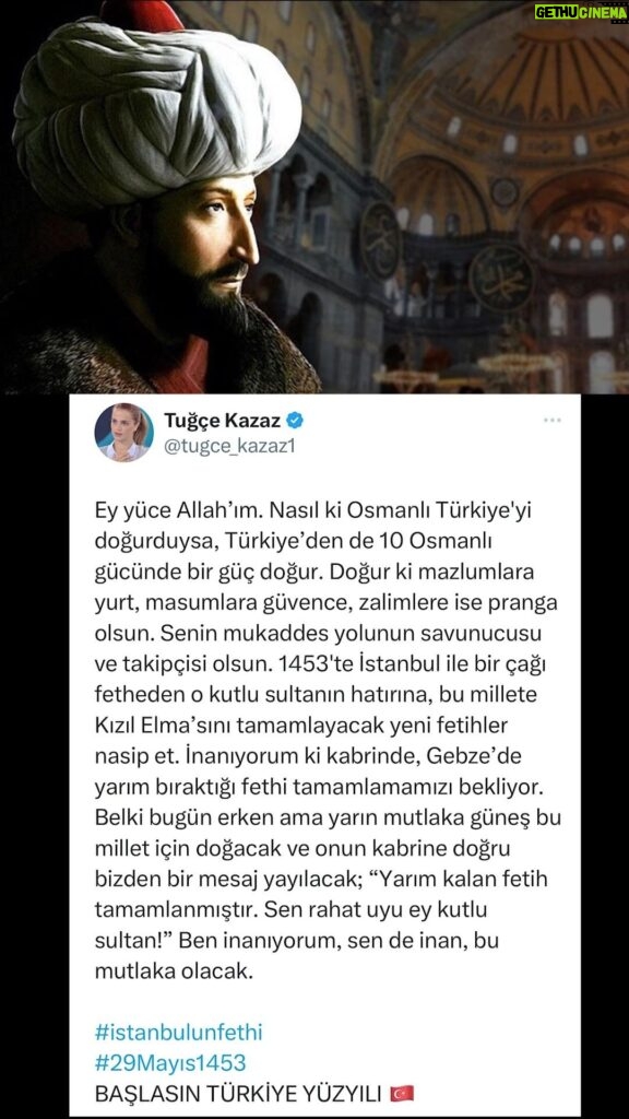 Tuğçe Kazaz Instagram - BEN İNANIYORUM, SEN DE İNAN, BU MUTLAKA OLACAK! #1453 #fetih1453 #istanbulunfethi #fatihsultanmehmet #ayasofya #ikinciyüzyıl #başlasıntürkiyeyüzyılı #türkiye #türkiyeyüzyılı #tugcekazaz #tuğçekazaz #seçim2023 #2023 #29mayıs #reels #shorts