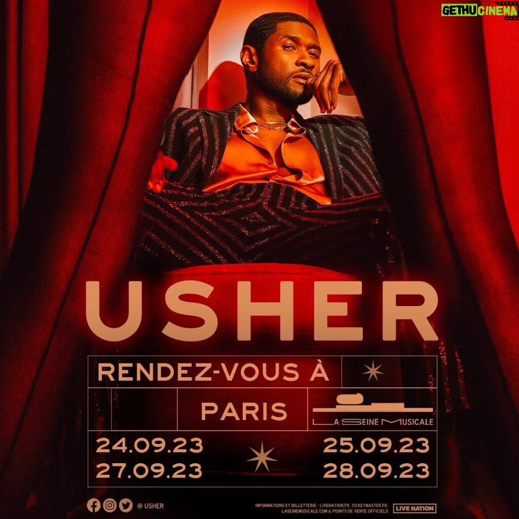 Usher Instagram - Écoute-moi bien, PARIS! Guess what…I’m coming just for u! I’m excited to take u on the journey of ‘Rendez-Vous à Paris’ this September 2023. Tickets are on sale NOW✨bisou bisou ✨