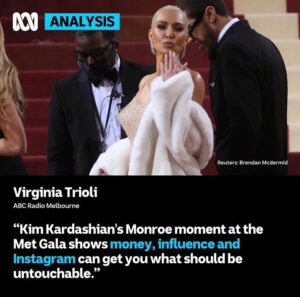 Virginia Trioli Instagram - We just can’t say “no” to a celebrity who already has everything.
The “loan” of a museum dress to @kimkardashian for the #metgala was a signal moment for our times: the Kardashians are our best representation of this new gilded age — where money, influence and Instagram can get you anything, including priceless heritage.
The Gilded Age madams just had dresses made to fit the décor of their mansions; the Kardashians want to get their hands on a bit of Camelot.
My column is in the #linkinbio . 
@abcnews_au @abcinmelbourne #virginiatrioli