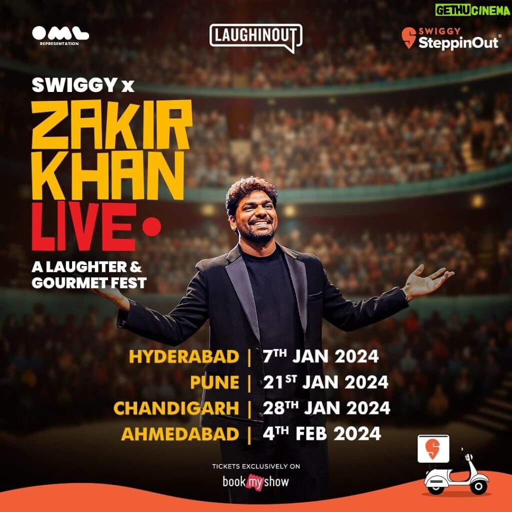 Zakir Khan Instagram - #India Nayi kahaniya leke aa raha hu aapke paas❤ Starting 2024 with a new tour: Swiggy × Zakir Khan Live✨ Coming to 4 cities with lots of love, stories, and laughter 🤩 #Mumbai, #Delhi and #Surat Aapke paas bhi ayenge jald hi! Aajao. Ticket link in bio. #steppinout #laughinout #zakirkhan #zakirkhanlive #indiatour