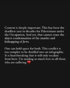 Zoe Lister-Jones Instagram - Tried to write something. My heart breaks for Israel and Palestine.