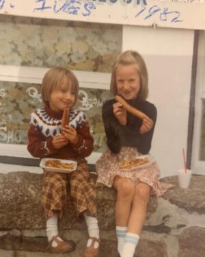Zoie Palmer Instagram - Just two kids sitting on a wall in St Ives Cornwall England in 1982 eating the biggest sausages in the world. Thanks mum for the amazing outfit