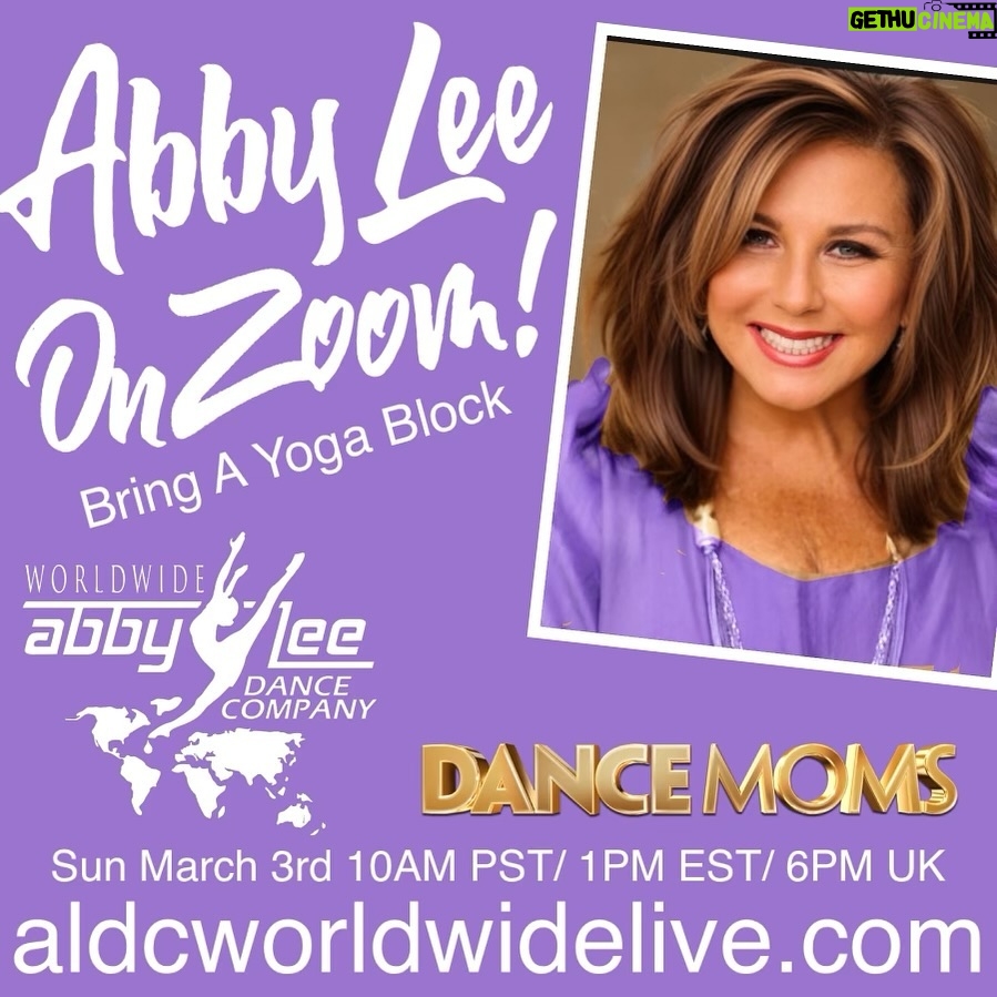 Abby Miller Instagram - THIS SUNDAY: I’m back on Zoom!!! Don’t miss class ~ be sure to bring a yoga mat if you have one 😘💜 register now at aldcworldwidelive.com and tag a friend in the comments who you want to take class with! #ALDCWW #aldc #abbylee #abbyleemiller #abbyleedancecompany #dancemoms #madhouse #leaveitonthedancefloor World Wide