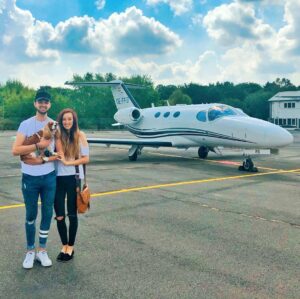 Alastair Aiken Instagram - First time ever flying in a private jet - Blessed! 🙏🏻✈️ We took Eevee with us and vlogged the adventure - It’s up on our joint YouTube channel “ClareAndAli” if you wanna check it out! 👊🏻💙
