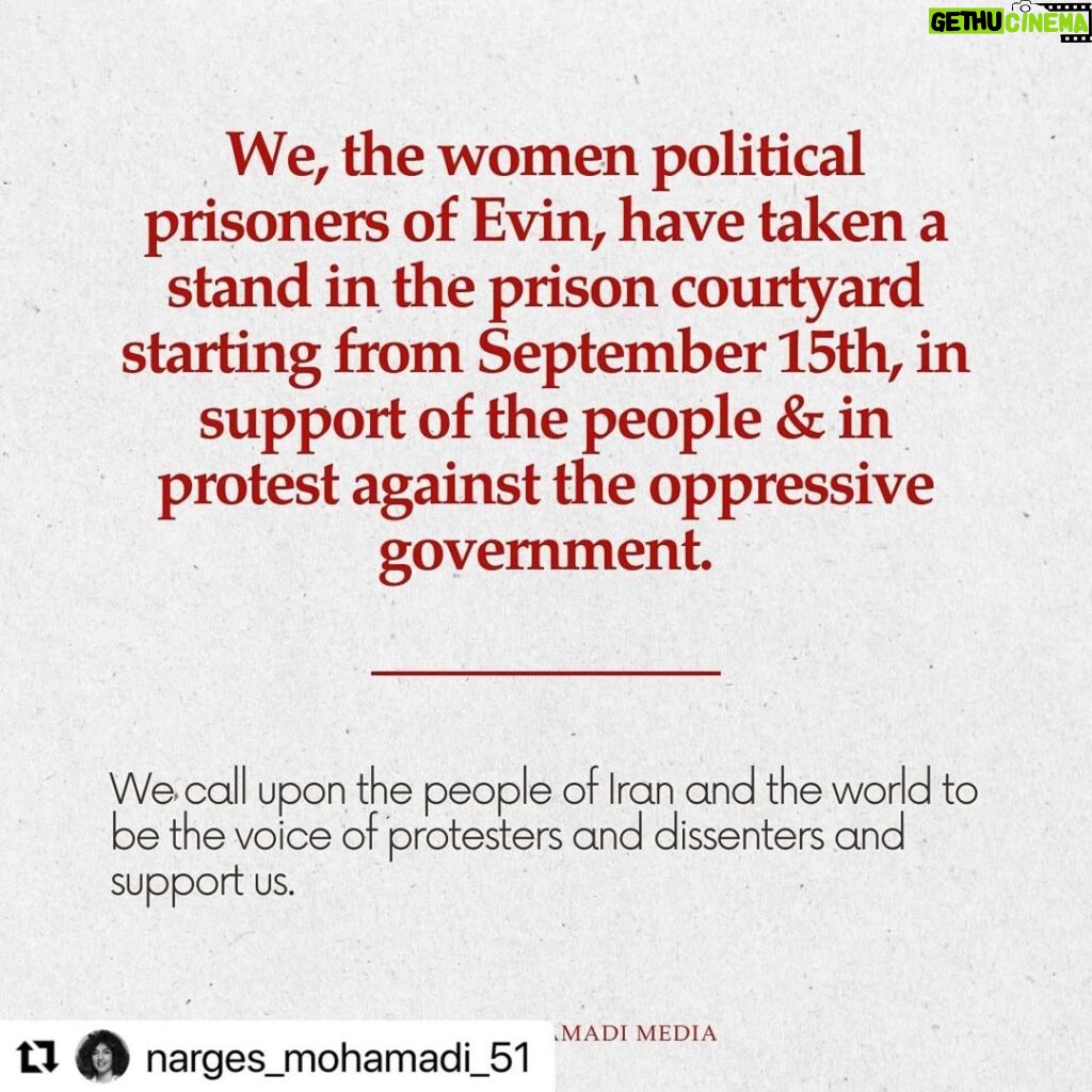 Alec Baldwin Instagram - … @narges_mohamadi_51 . We, the women political prisoners of Evin, have taken a stand in the prison courtyard starting from September 15th, in support of the people and in protest against the oppressive government. . Azadeh Abedini, Sepideh Ghalian, Shakila Monfared, Golrokh Iraee, Narges Mohammadi, Mahboubeh Rezaei, Vida Robani. . #MAHSAAMINI #nargesmohammadi