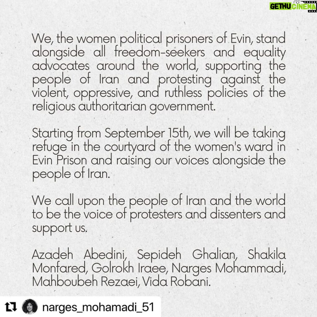 Alec Baldwin Instagram - … @narges_mohamadi_51 . We, the women political prisoners of Evin, have taken a stand in the prison courtyard starting from September 15th, in support of the people and in protest against the oppressive government. . Azadeh Abedini, Sepideh Ghalian, Shakila Monfared, Golrokh Iraee, Narges Mohammadi, Mahboubeh Rezaei, Vida Robani. . #MAHSAAMINI #nargesmohammadi