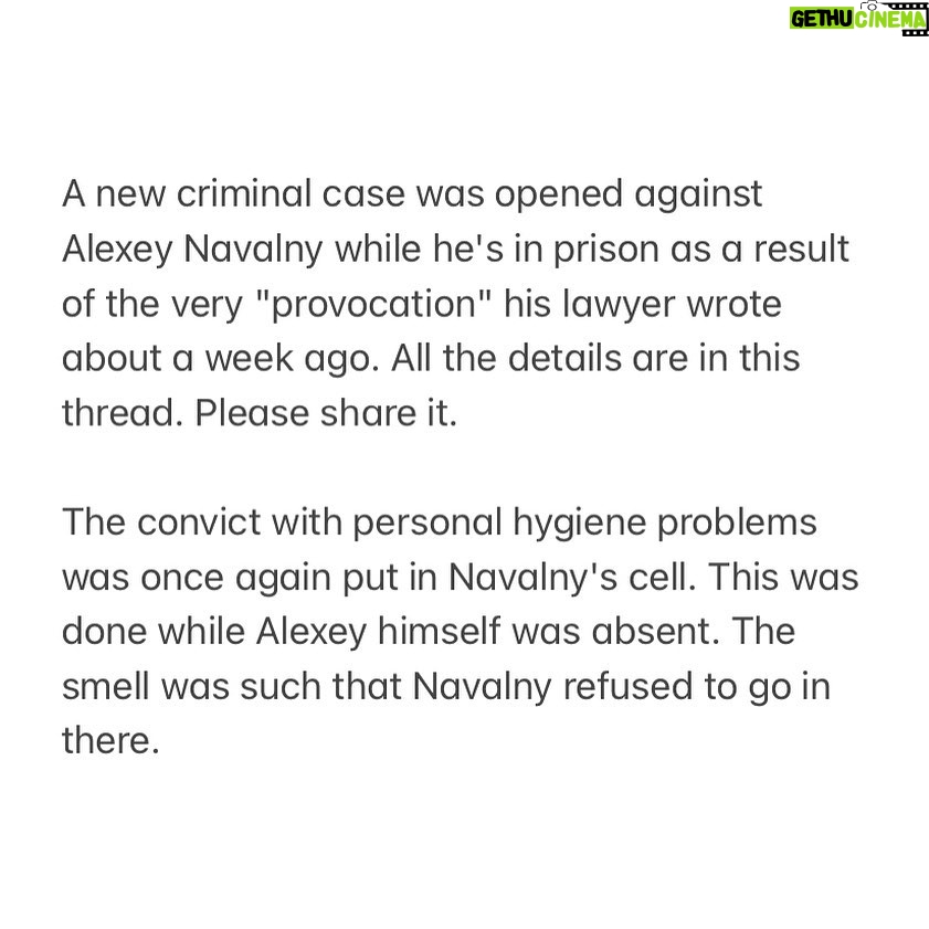 Alexey Navalny Instagram - Важно (for English, scroll right): Вчера администрация колонии, где сидит Навальный, все-таки устроила ту провокацию, о подготовке которой его предупреждал один из сотрудников. Адвокат Вадим Кобзев писал об этом 11 апреля. Когда Навального заводили из рабочей камеры в обычную, он обнаружил, что туда снова помещен его постоянный сосед, «бомж», доведенный на этот раз до совершенно животного состояния. Запах в камере был такой, что войти туда было невозможно. Навальный входить в камеру отказался и заявил администрации (на видеорегистратор), что против него осуществляется провокация. Администрация, зная, что по тюремным правилам он должен применить к сокамернику насилие, специально провоцирует его, чтобы получить повод для возбуждения уголовного дела. Навальный заявил, что не хочет применять насилие к осужденному Татарченкову, потому что тот сам является инструментом в руках тюремщиков, но если его силой заставят войти в камеру, то он будет вынужден сделать это незамедлительно, о чем прямо сейчас заявляет под видеозапись. Он потребовал, чтобы в соответствии с законом помощник начальника колонии получил информацию об угрозе здоровью осужденного и переместил его в безопасное место. Вместо этого прибывший на место замначальника колонии и группа оперативников сначала угрожали Навальному, а затем вызвали группу реагирования в бронежилетах и касках. После чего к Навальному была применена сила, и его затащили в камеру. Во время этого не оказывавший никакого сопротивления Навальный получил удар коленом в пах (также зафиксировано на видео). Оказавшись в камере, Навальный насилие по отношению к сокамернику не применил, однако, схватив за шиворот, потащил его к выходу. После чего был блокирован и прижат к стене группой реагирования. Ну а дальше присутствовавшее начальство колонии радостно сообщило Навальному, что против него будет возбуждено уголовное дело по статье 321 УК РФ (дезорганизация деятельности учреждений, обеспечивающих изоляцию от общества, до 5 лет), и пошло оформлять бумажки, забрав с собой несчастного «бомжа». Защита Навального возмущена такой откровенной циничной провокацией и требует незамедлительного реагирования от руководства ФСИН и прокуратуры.