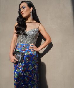 Ali Wong Instagram - 🥩 🏆 🙌 🙏 Styling: @taraswennen Makeup: @danielmartin Hair: @claytonhawkins Nails: @thuybnguyen Dress and Bag: @louisvuitton Jewelry: @chopard Shoes: @brandonblackwoodnyc Photos S3, S7, S8: AP/Invision for the Television Academy, © Television Academy