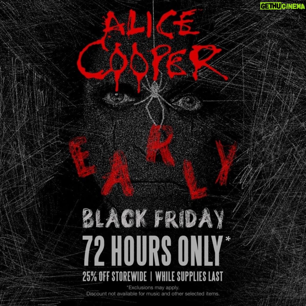 Alice Cooper Instagram - Get a head start on your Black Friday shopping. 25% off storewide through Wednesday. Order now and don't look back! 🛒 Shop.AliceCooper.com