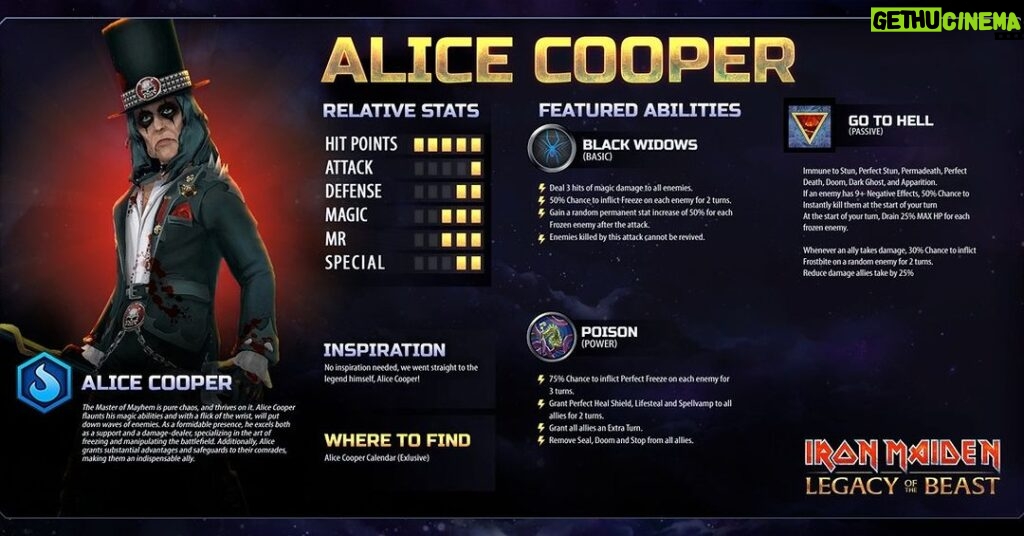 Alice Cooper Instagram - Alice Cooper is an extremely powerful Master of Mayhem who thrives on Chaos! He excels both as a support and a damage-dealer, specializing in the art of freezing and manipulating the battlefield. Get more info on Alice Cooper from his Character Card! 🔗: https://ironmaidenlegacy.com/portfolio_page/alice-cooper-collaboration/